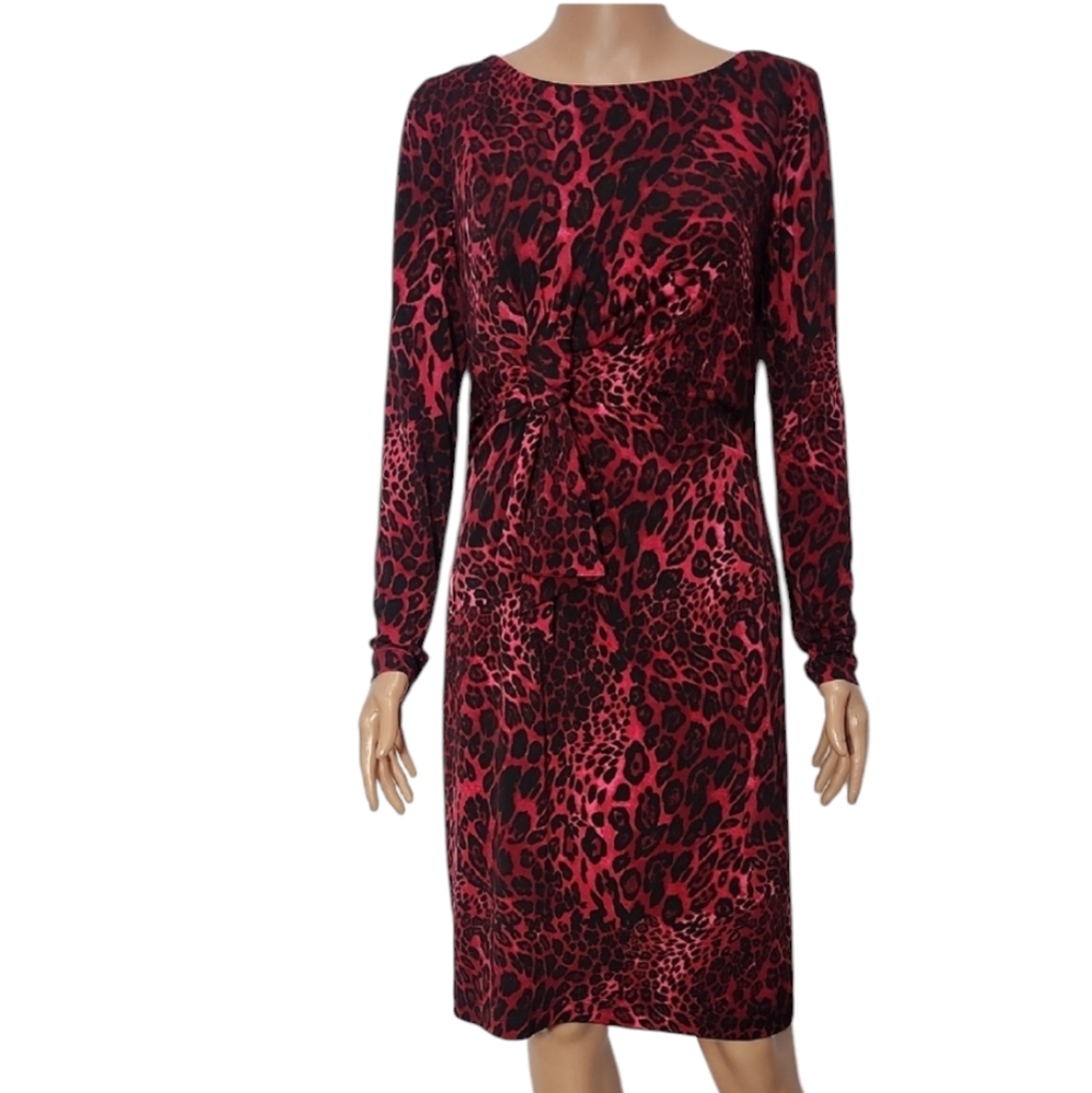 David Meister Red &‎ Black Animal Print Jersey Sheath Versatile Dress Size 8